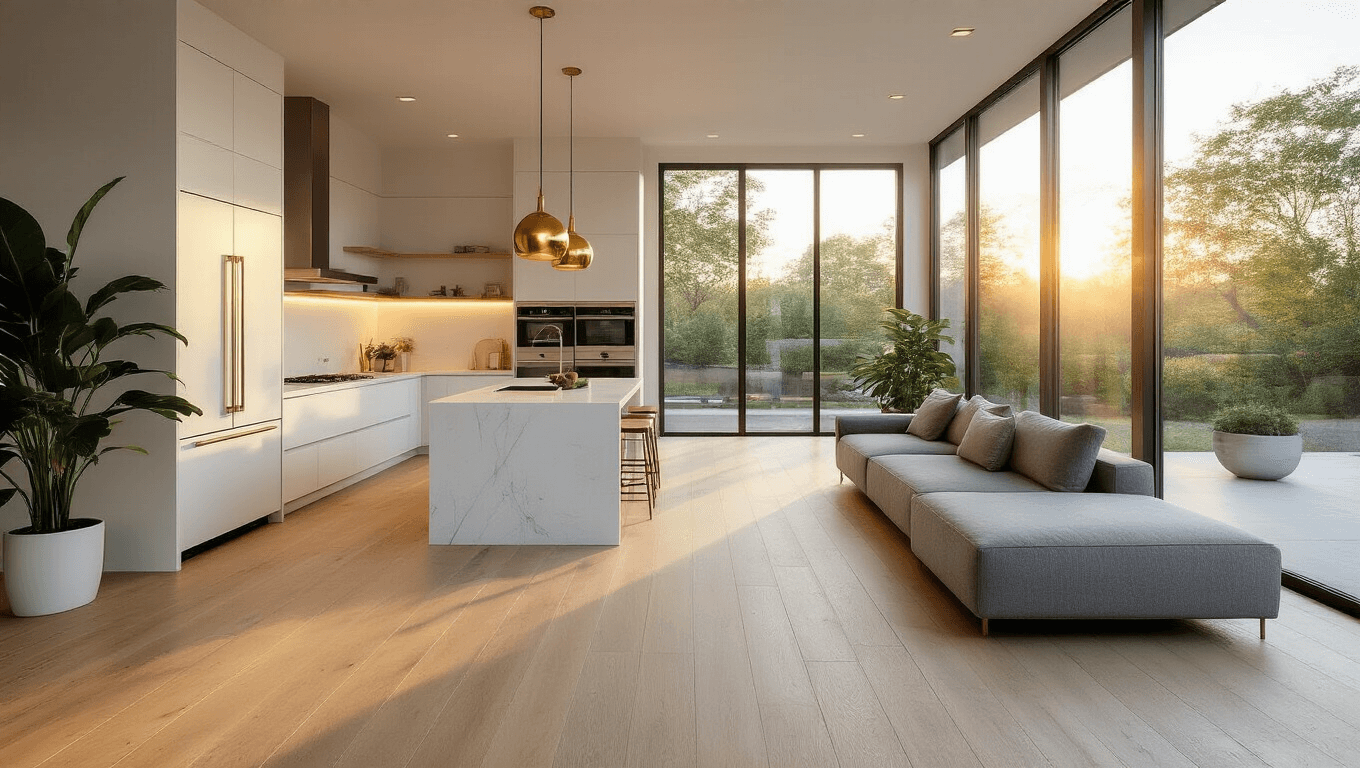 Photorealistic modern open-concept living space featuring golden hour sunlight, wide-plank white oak flooring, a waterfall quartz island, grey linen sectional, and brass pendant lights, captured in 8K detail with a focus on spatial flow and light interplay.
