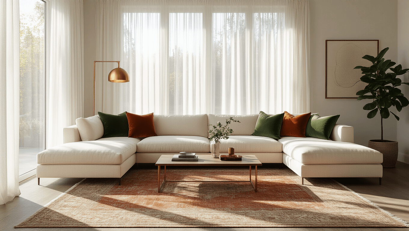 Cinematic view of a sunlit modern living room featuring a cream sectional sofa, floor-to-ceiling windows, soft sheer curtains, and a distressed oak coffee table, styled with green and terracotta pillows, a brass floor lamp, and adorned with a vintage Persian rug and a fiddle leaf fig.