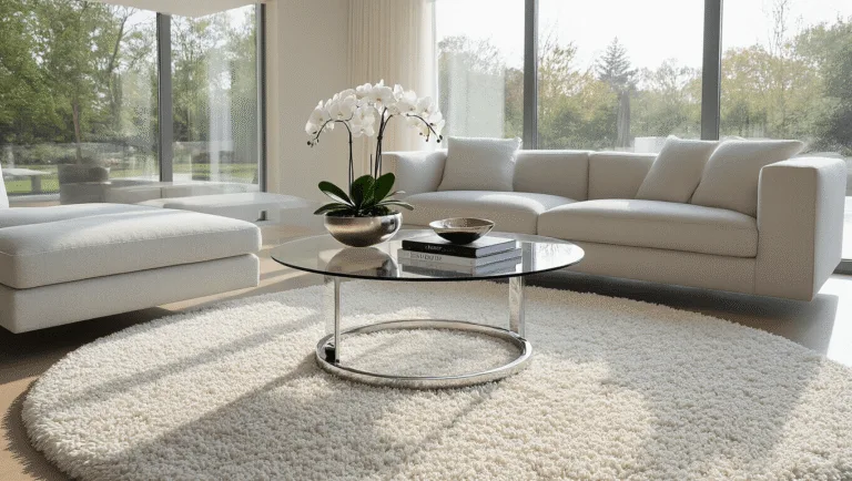 Photorealistic image of a modern living room featuring a round glass center table with a chrome base, styled with coffee table books, a white orchid, and a metallic bowl, complemented by a cream Berber rug and a grey sectional sofa, illuminated by natural light from floor-to-ceiling windows.
