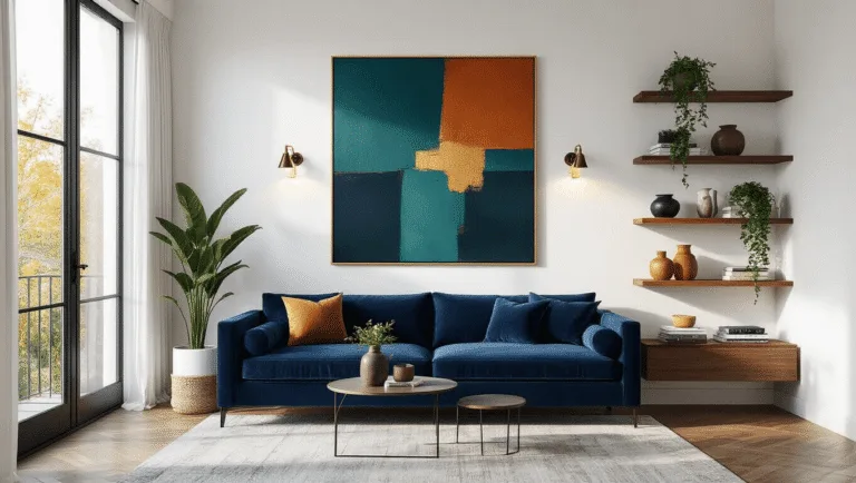 A hyperrealistic wide-angle shot of a sophisticated living room featuring a plush navy velvet sofa, an oversized abstract painting, walnut floating shelves with curated decor, and mid-century modern brass and glass coffee table, all illuminated by golden hour lighting.