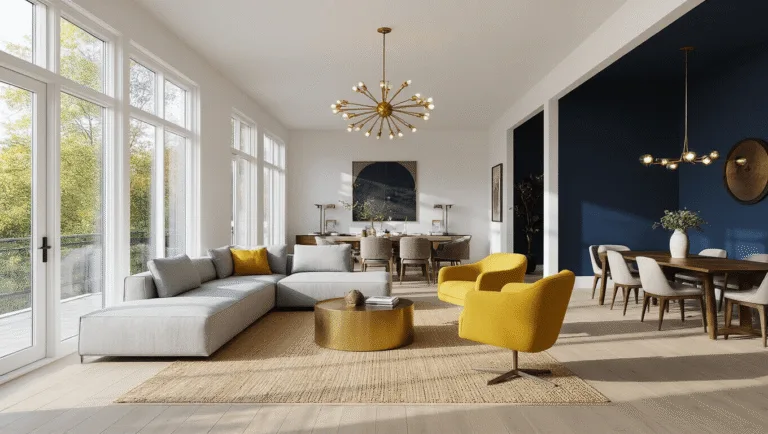 Sophisticated modern open-concept living-dining room with a cloud-gray sectional sofa, mustard yellow swivel chairs, and a walnut dining table, illuminated by natural light during golden hour, featuring wide-plank white oak flooring and deep navy accent wall.