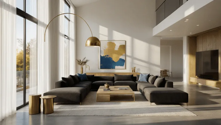 Photorealistic modern living room during golden hour, featuring floor-to-ceiling windows, charcoal sectional sofa, bleached oak coffee table with brass accents, polished concrete floors, and an abstract canvas.