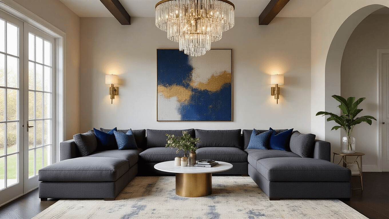 Photorealistic modern living room at golden hour, featuring a plush charcoal grey sectional, large abstract canvas in blues and golds, brass wall sconces, crystal chandelier, dark hardwood floors, and layered rugs, illuminated by natural light and dramatic shadows.