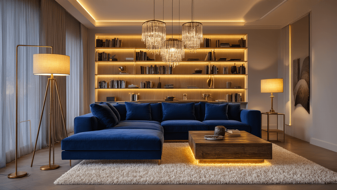 Cinematic wide shot of a luxurious living room at golden hour, featuring a deep blue velvet sectional, brass floor lamps, a rustic wooden coffee table, backlit bookshelves, crystal pendant lights, and a cream shag rug, all enhanced by soft ambient lighting and ethereal natural light streaming through sheer curtains.