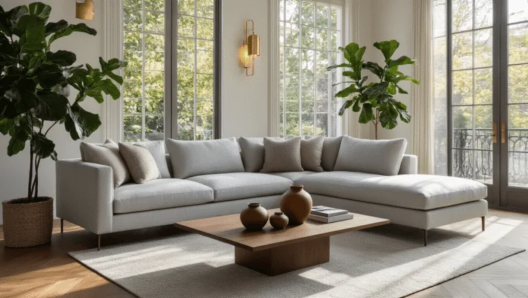 A luxurious living room during golden hour, featuring a light gray L-shaped sectional sofa with neutral throw pillows, white oak herringbone floors, a fiddle leaf fig plant, and a walnut coffee table with ceramic vessels, all captured with a shallow depth of field in 8k resolution.