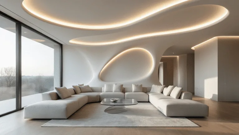 Photorealistic image of a contemporary living room featuring a sculptural white ceiling, soft ambient lighting, floor-to-ceiling windows with golden hour sunlight, a pearl gray L-shaped sectional sofa, minimalist glass coffee table, and pale oak hardwood floors.