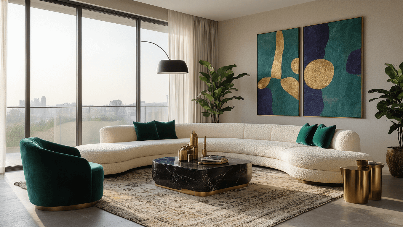 A cinematic wide-angle shot of a modern luxury living room featuring a curved cream bouclé sectional sofa, emerald velvet accent chairs, a black marble coffee table, and layered rugs, all illuminated by golden hour sunlight through floor-to-ceiling windows, with large-scale abstract artwork on the wall and rich decorative elements throughout.