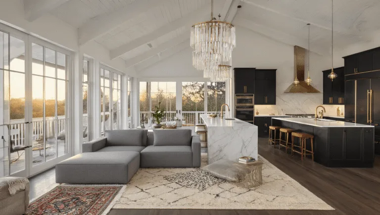 A luxurious open-concept great room with high ceilings, featuring a grey sectional sofa on a cream Moroccan rug, a white marble kitchen island, and dark oak hardwood floors, all bathed in warm golden hour light.