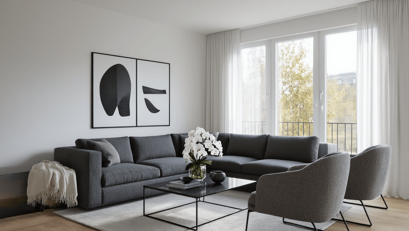 Photorealistic interior of a modern minimalist living room featuring a charcoal grey L-shaped sectional sofa, light grey accent chairs, and a black metal and glass coffee table, adorned with a white orchid centerpiece, floor-to-ceiling windows with sheer curtains, oak hardwood floors, and geometric black and white artwork, all illuminated by soft natural morning light.