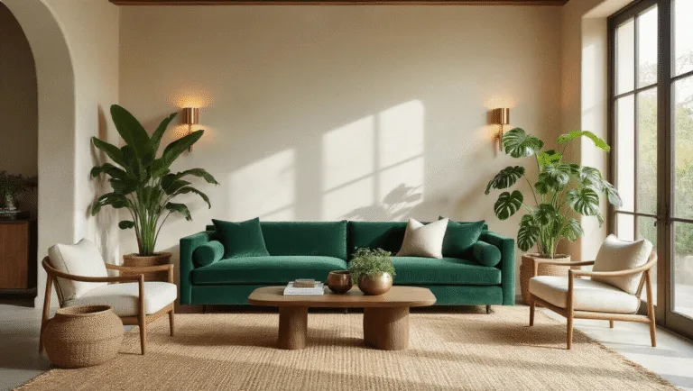 Cinematic interior photograph of a modern organic living room featuring a luxurious emerald green velvet sofa, cream-colored textured walls, floor-to-ceiling windows, a jute rug, woven baskets, and monstera plants, with warm ambient lighting and a walnut coffee table.