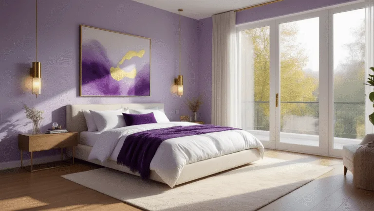 Photorealistic image of a serene modern bedroom with soft lavender walls, a queen-sized platform bed adorned with white linens and purple velvet throws, morning light flooding in through floor-to-ceiling windows, and beautiful brass sconces, all set against natural oak flooring and a plush cream area rug, highlighted by oversized purple and gold abstract artwork.