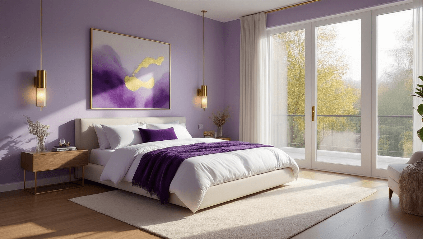 Photorealistic image of a serene modern bedroom with soft lavender walls, a queen-sized platform bed adorned with white linens and purple velvet throws, morning light flooding in through floor-to-ceiling windows, and beautiful brass sconces, all set against natural oak flooring and a plush cream area rug, highlighted by oversized purple and gold abstract artwork.