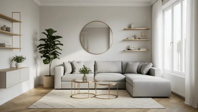 Photorealistic image of a modern Scandinavian small living room featuring a light gray sectional sofa, white walls with vertical shelving, brass and glass nesting tables, a large round mirror, a fiddle leaf fig plant, and a geometric wool rug, all under golden hour lighting with sheer white curtains.