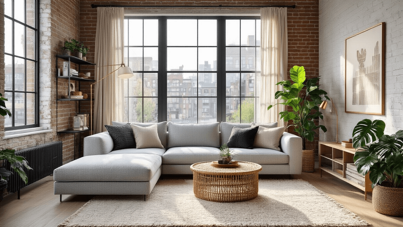 Sunlit Scandinavian-industrial living room featuring a light gray sectional sofa adorned with textured pillows, minimalist black metal shelves, a round rattan coffee table, and a cream wool area rug over white oak flooring, accented by an exposed brick wall and decorative elements like a copper floor lamp and potted monstera plant.
