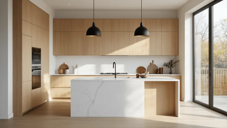 A modern Scandinavian kitchen featuring floor-to-ceiling light maple cabinets, a white quartz waterfall island, and natural morning sunlight illuminating the space, accentuated by matte black pendant lights and warm wood tones against white surfaces.