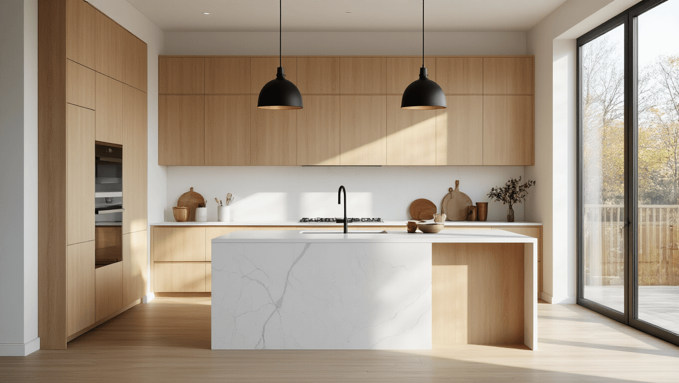 A modern Scandinavian kitchen featuring floor-to-ceiling light maple cabinets, a white quartz waterfall island, and natural morning sunlight illuminating the space, accentuated by matte black pendant lights and warm wood tones against white surfaces.
