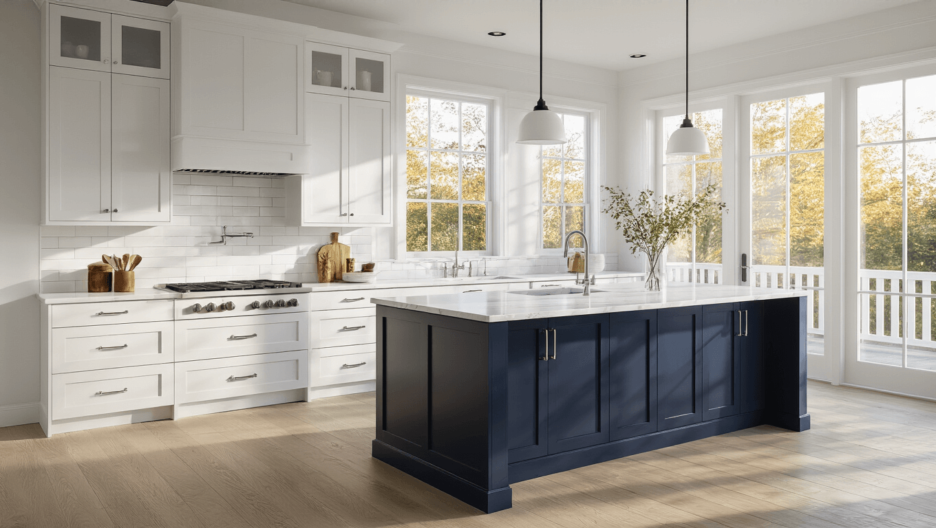 Photorealistic high-end kitchen interior featuring white Shaker cabinets, navy blue island with marble countertops, and stainless steel appliances, illuminated by warm golden hour sunlight.