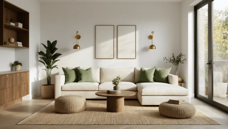 Ultra-wide shot of a contemporary small living room with golden hour sunlight, featuring an ivory linen sectional, walnut shelving, brass accents, and a jute rug, showcasing minimalist decor and multi-functional furniture.