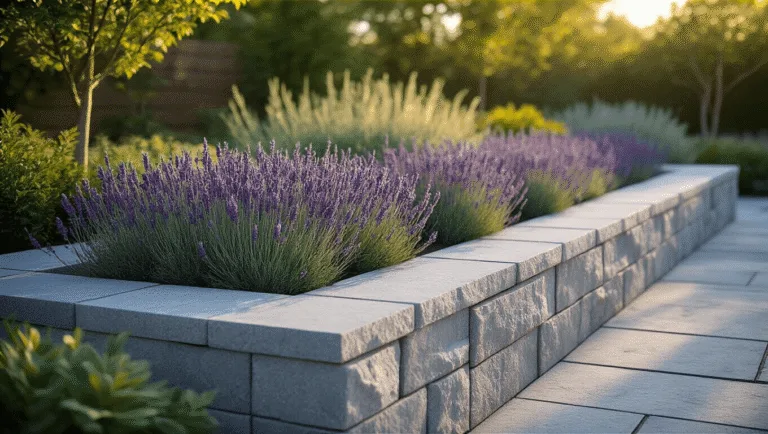 Photorealistic shot of a raised stone garden bed made of cool gray granite blocks, featuring drought-resistant lavender and silver artemisia, illuminated by golden hour sunlight with long shadows and subtle uplighting, captured in hyperrealistic detail.