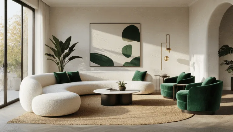 Photorealistic interior of a modern living room featuring a curved ivory bouclé sofa, emerald velvet armchairs, and a jute rug, illuminated by golden hour sunlight through floor-to-ceiling windows, with sleek decor including abstract artwork and brass lighting.