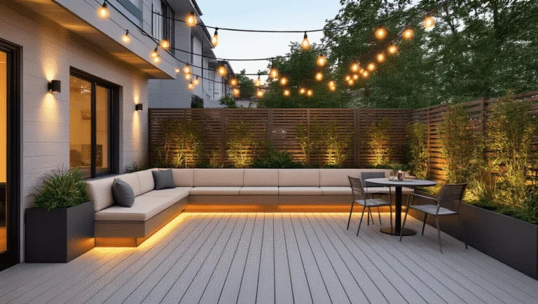Photorealistic urban deck at golden hour featuring light ash gray composite decking, a modern L-shaped bench with cream cushions, semi-transparent privacy screens, copper-toned string lights, and minimalist furniture. Shot from a 45-degree angle to showcase warm lighting and textures.