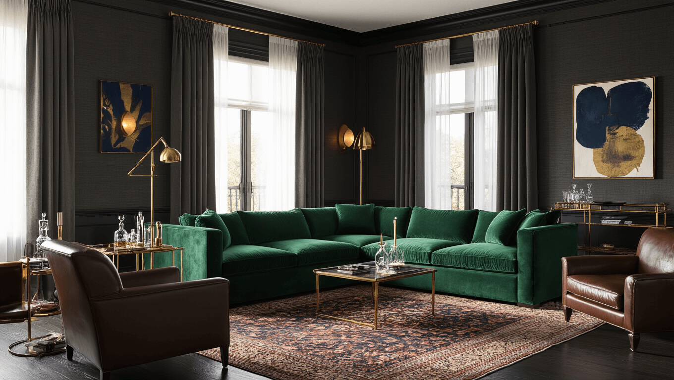 Cinematic interior of a luxurious living room featuring an emerald velvet sectional sofa, deep charcoal wallpaper, vintage Persian rugs, and warm ambient lighting, highlighted by brass fixtures and abstract art.