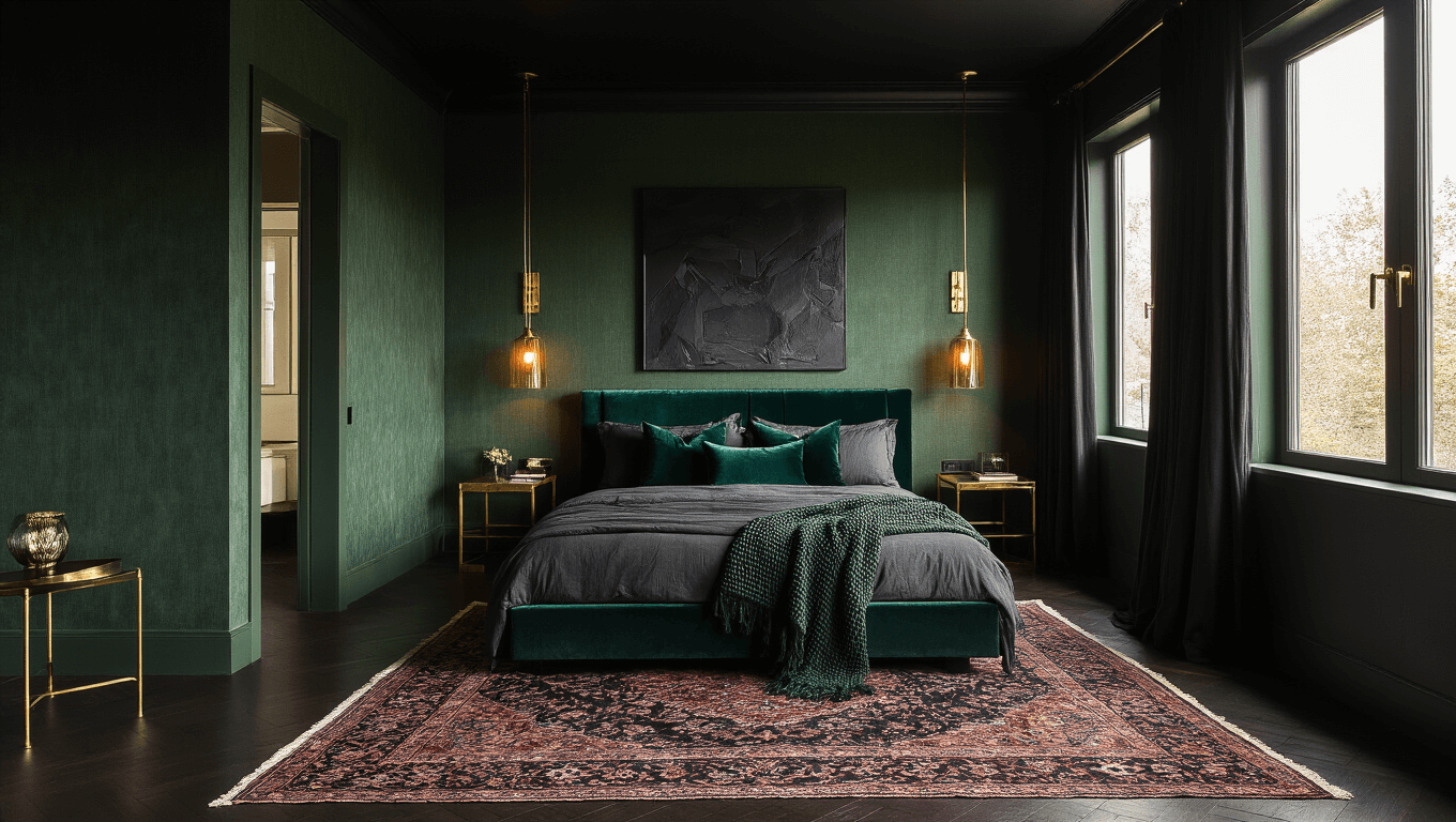 A sophisticated bedroom with deep forest green walls, a black ceiling, and a king-sized bed adorned with charcoal linen and velvet cushions, featuring warm lighting from brass sconces and sheer black curtains, showcased in an 8K ultra HD cinematic style.