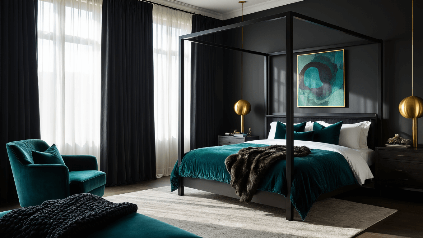 A sophisticated contemporary bedroom featuring a king-size black metal canopy bed with inky blue and emerald green linens, dark walnut nightstands with brass lamps, a plush teal velvet armchair, and dramatic golden hour lighting filtering through sheer charcoal curtains, all set against deep charcoal walls and a dark hardwood floor.