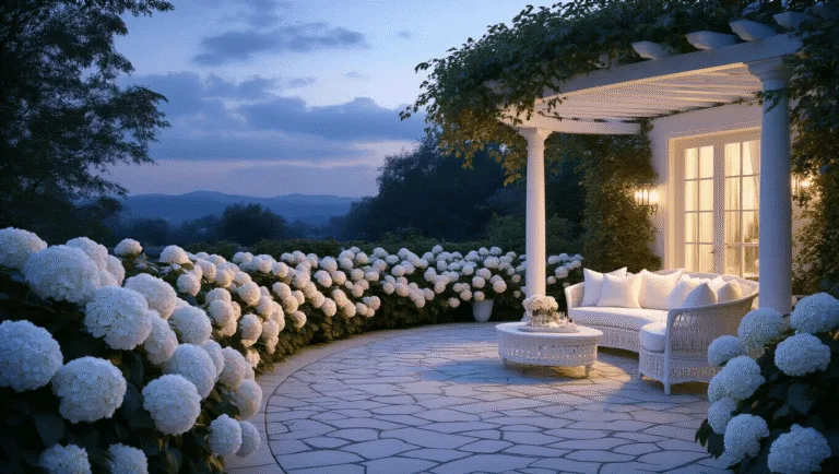 A photorealistic twilight scene of a white garden terrace featuring blooming hydrangeas and peonies along curved stone pavers, with a white pergola draped in moonflowers and silver-leafed plants, illuminated by soft landscape lighting against a deep blue sky.
