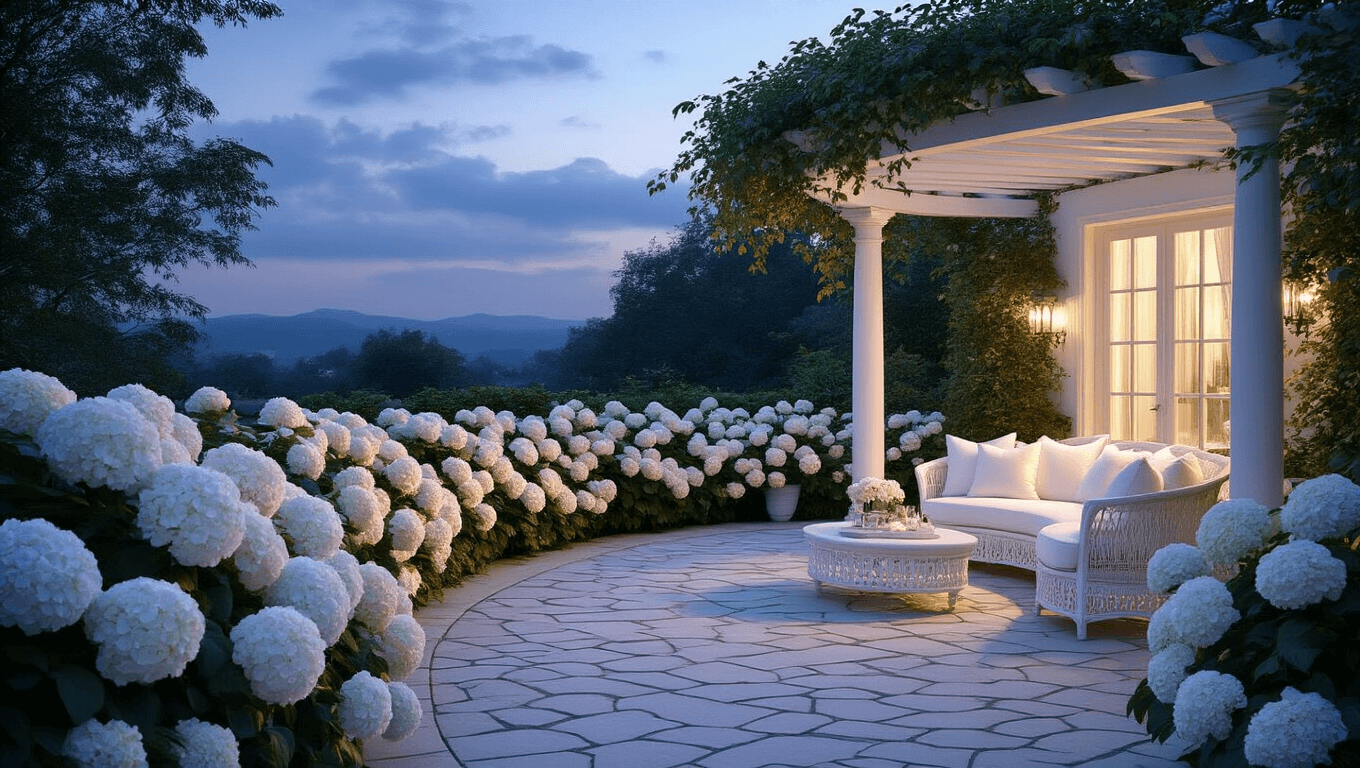 A photorealistic twilight scene of a white garden terrace featuring blooming hydrangeas and peonies along curved stone pavers, with a white pergola draped in moonflowers and silver-leafed plants, illuminated by soft landscape lighting against a deep blue sky.