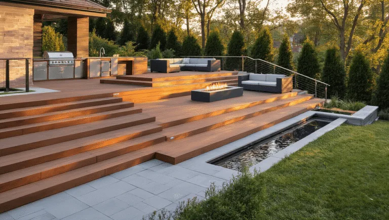 Photorealistic image of a luxurious multi-tiered deck with cedar-toned composite decking, featuring modern floating stairs, an outdoor kitchen, conversation area, and zen garden, all beautifully illuminated at sunset.