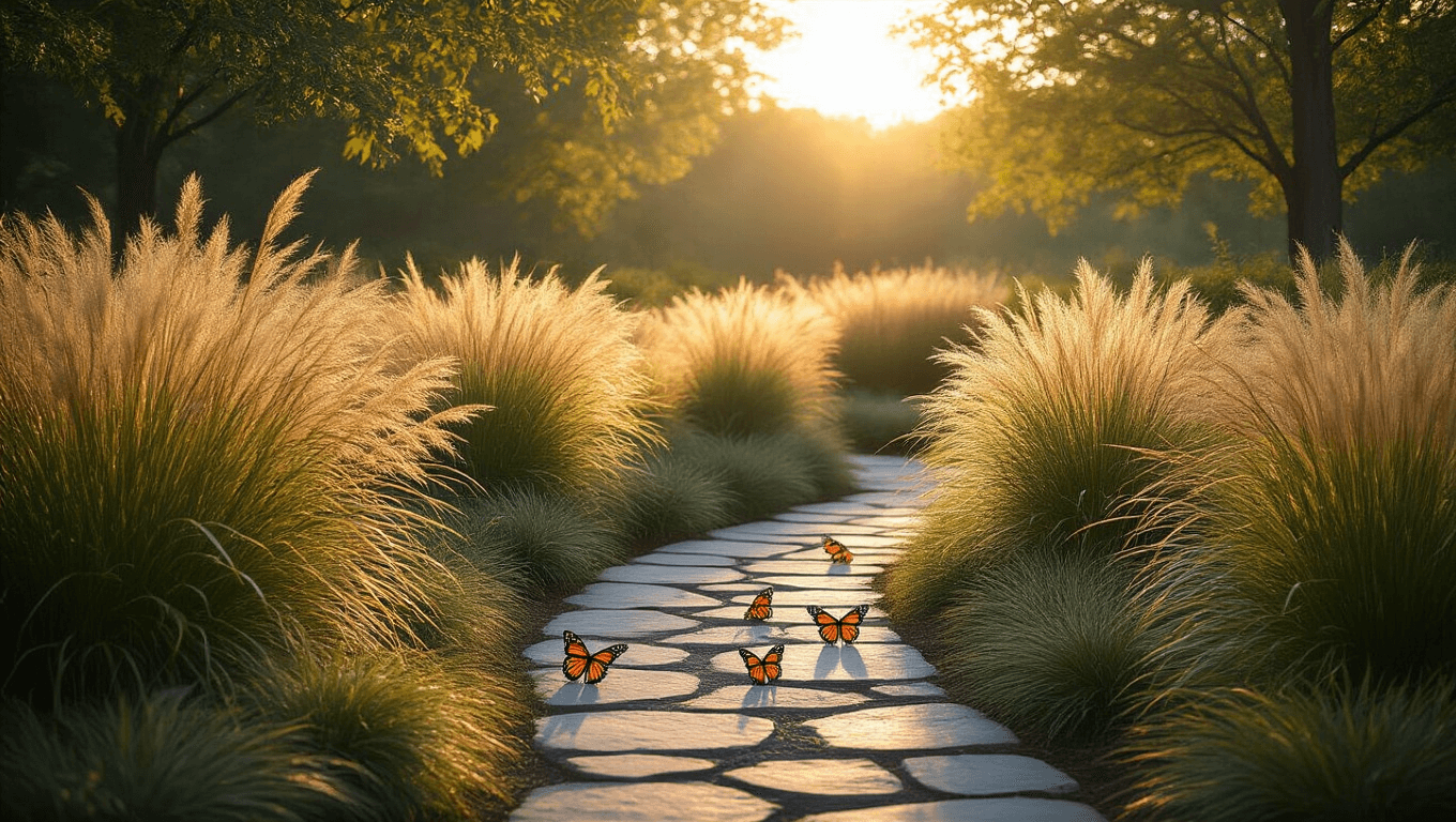 Photorealistic wide-angle landscape of a vibrant ornamental grass garden at golden hour, featuring varied grass heights, a winding stone pathway, sunlight illuminating grass plumes, and monarch butterflies resting on stems, with deep bokeh background and dramatic shadows.
