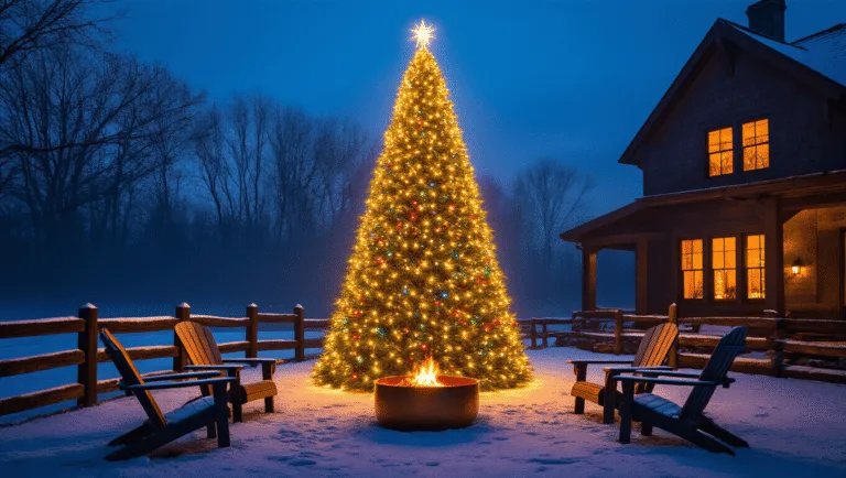Majestic 12-foot LED Christmas tree illuminated against a deep blue twilight sky, surrounded by a snow-dusted yard, rustic wooden fence, Adirondack chairs, and a copper fire pit, with warm light spilling from craftsman-style home windows, captured in photorealistic quality with a soft bokeh effect in the background.