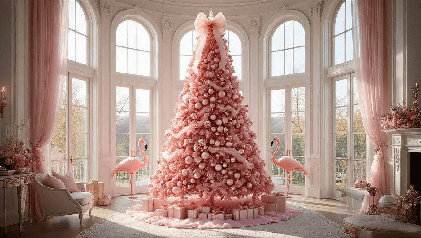 A luxurious living room featuring a 9-foot pink flocked Christmas tree adorned with blush, rose gold, and champagne ornaments, surrounded by cream velvet sofas and warm afternoon light streaming through bay windows.