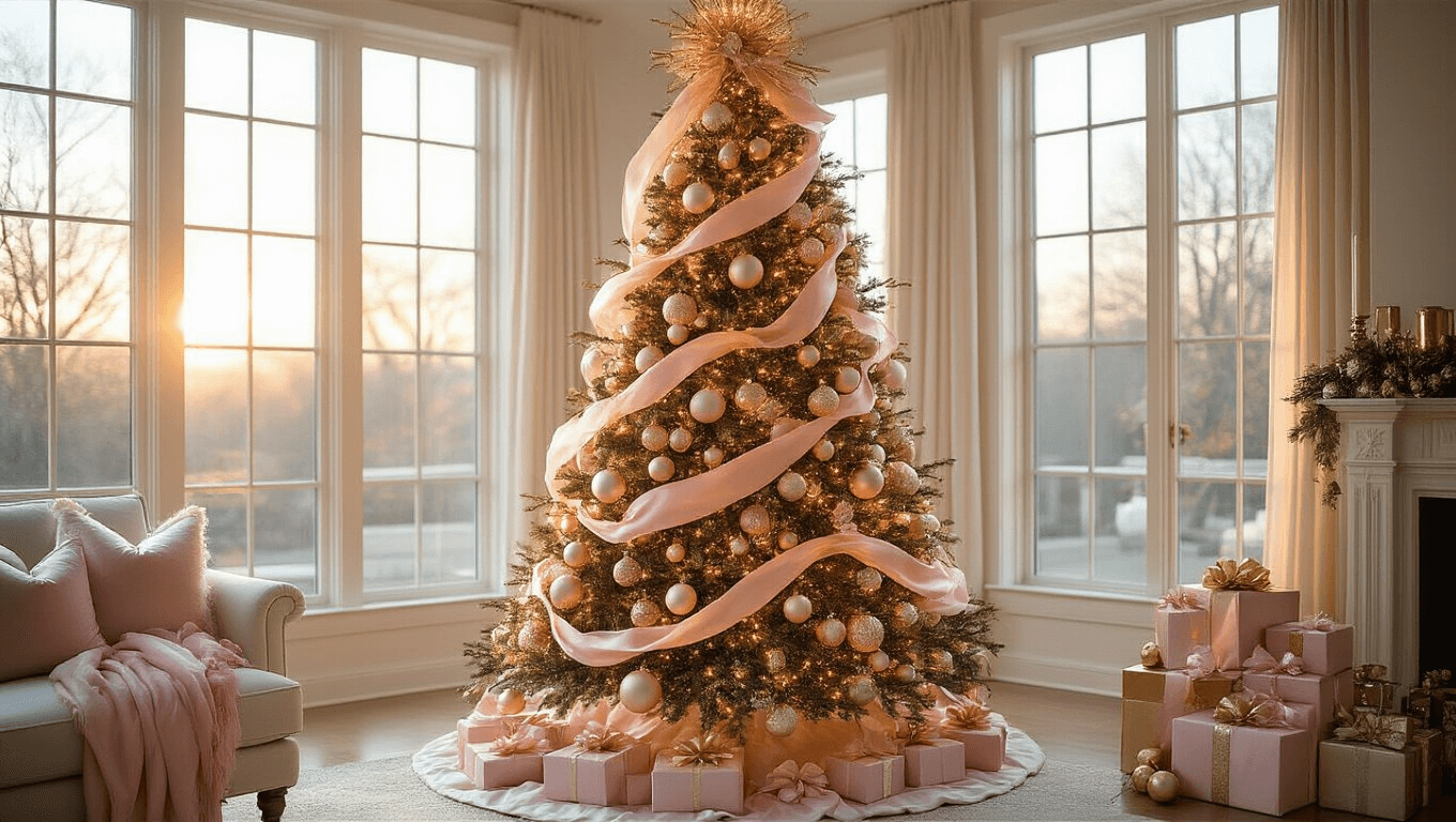 A luxurious living room featuring a 7.5-foot pink and gold Christmas tree, adorned with warm white lights, satin ribbons, and an array of ornaments, all illuminated by golden hour sunlight streaming through bay windows.