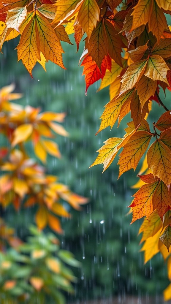 Close-up of autumn leaves with rain falling
