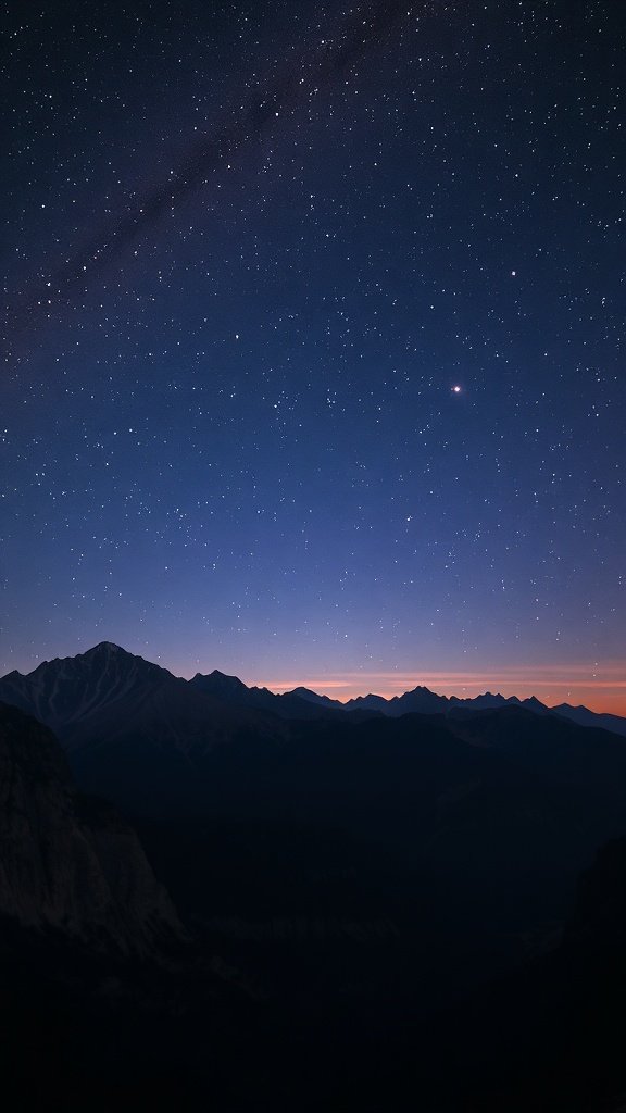 A starlit sky over mountains at night, showcasing a deep blue sky filled with stars.