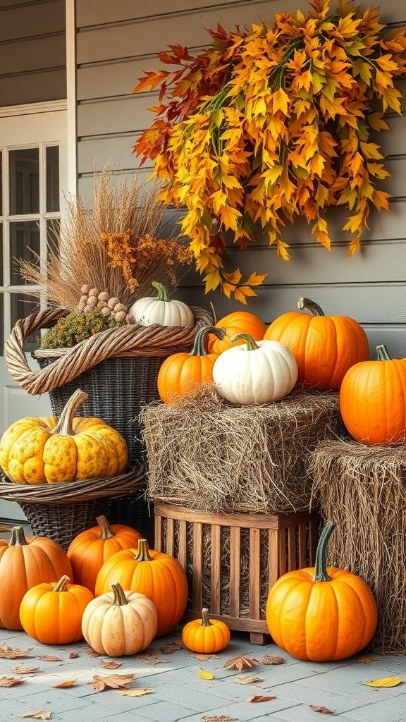 A rustic fall decor scene featuring various pumpkins, hay bales, and autumn leaves.