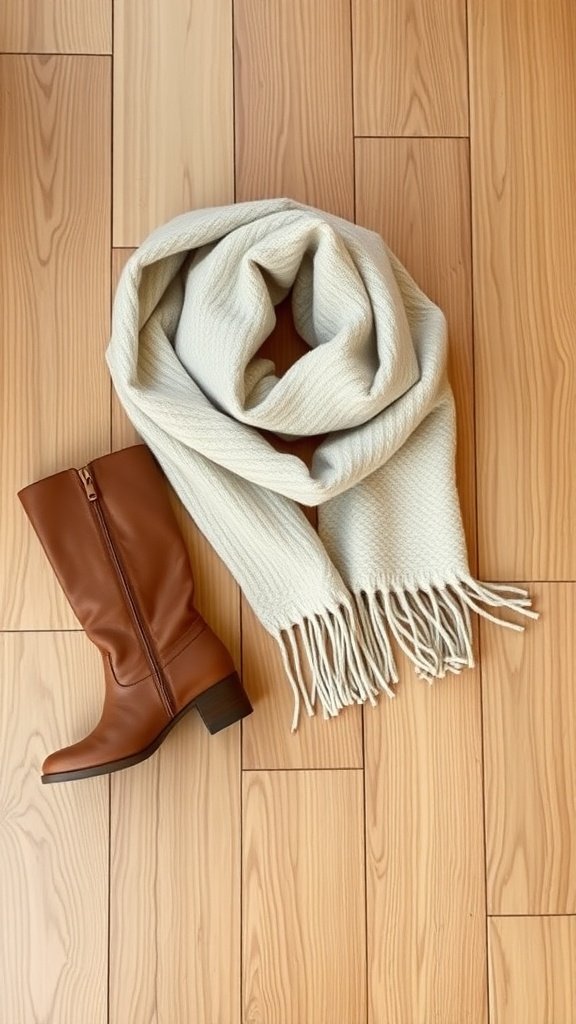 A cream scarf and a brown boot on wooden flooring.