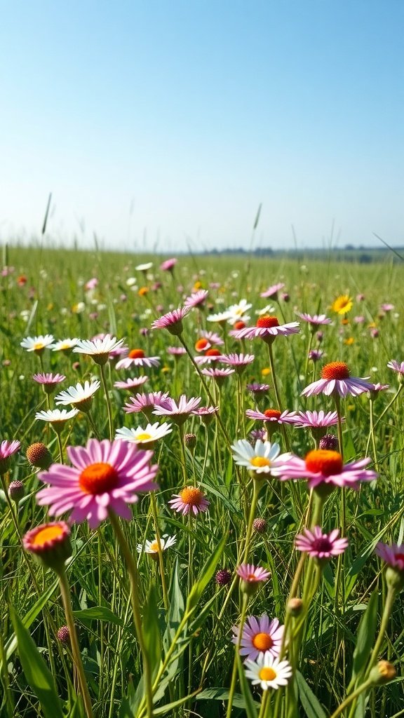 A vibrant meadow filled with wildflowers under a clear blue sky.