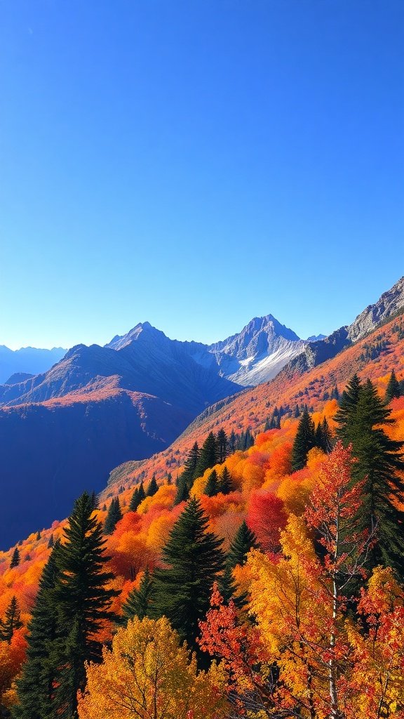 A mountain view showcasing vibrant fall foliage with a clear blue sky.