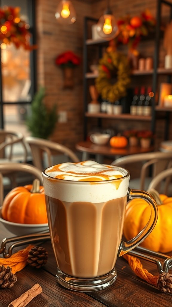 A cozy coffee shop scene featuring a pumpkin spice latte with caramel drizzle, surrounded by autumn decorations like pumpkins and pine cones.
