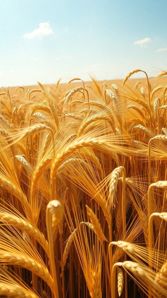 A close-up view of golden wheat fields under a clear blue sky.
