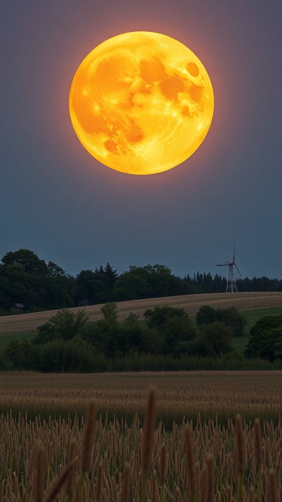 A bright orange harvest moon over a quiet field with tall grass and trees in the background.