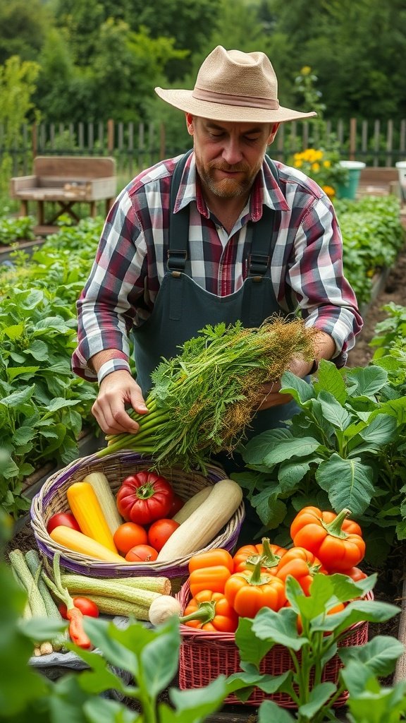 A farmer harvesting fresh vegetables in a garden, with baskets filled with colorful produce.