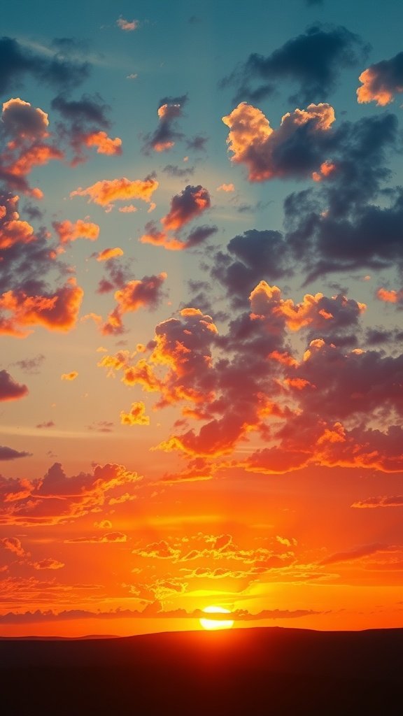 A vibrant sunset with orange and pink hues against a blue sky, showcasing clouds and the sun setting on the horizon.