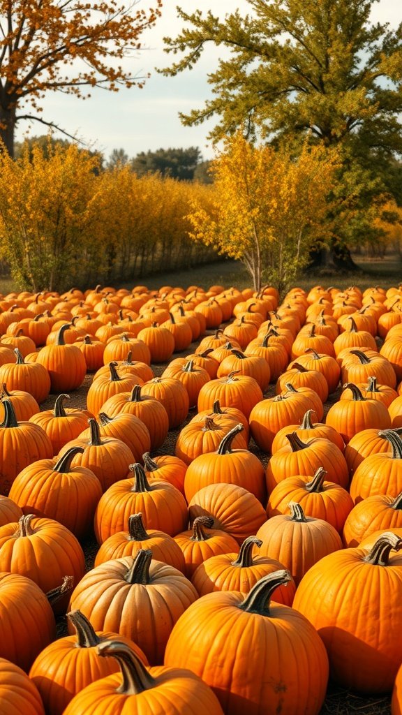 A vibrant pumpkin patch filled with bright orange pumpkins under a clear sky and golden autumn trees.