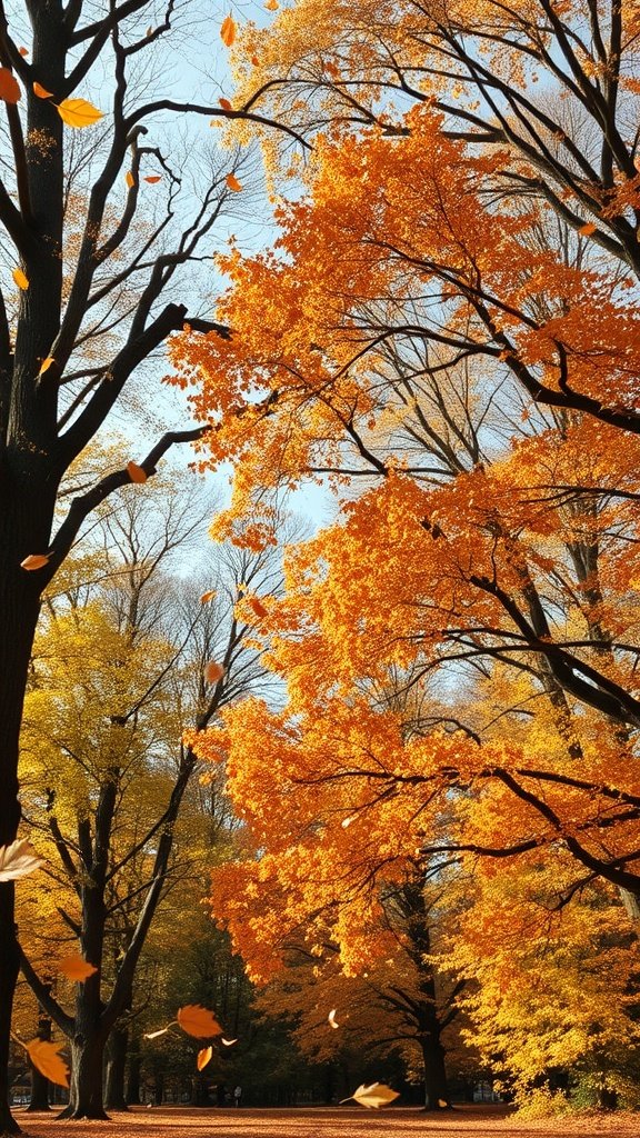 Vibrant autumn trees with falling leaves against a blue sky