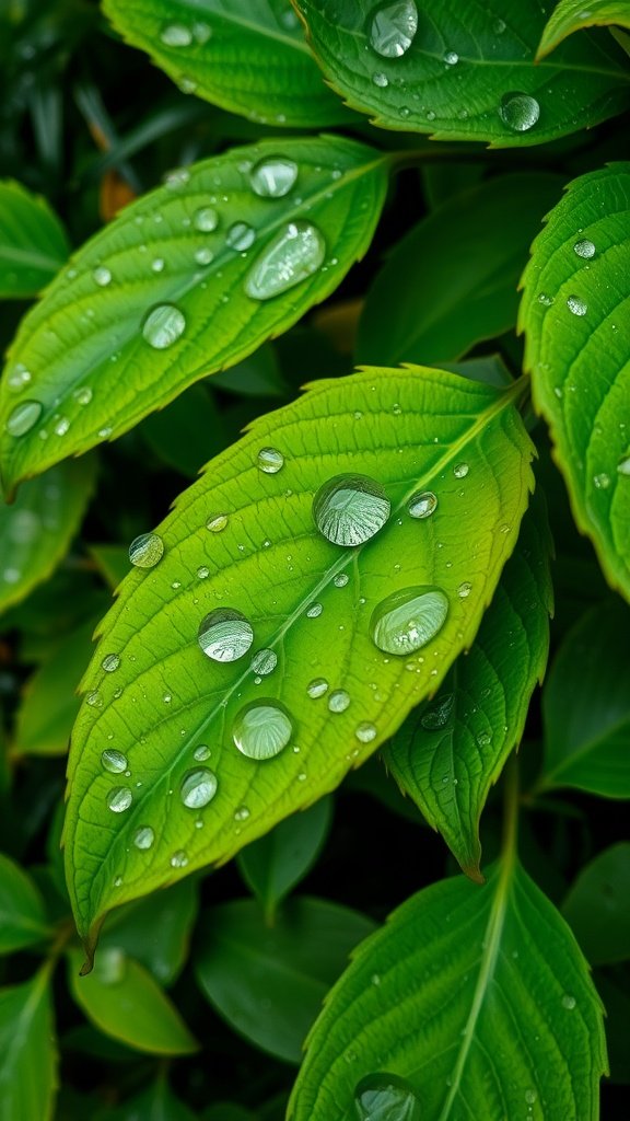 Close-up of green leaves with glistening raindrops