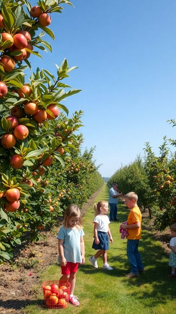 Children picking apples in an orchard on a sunny day